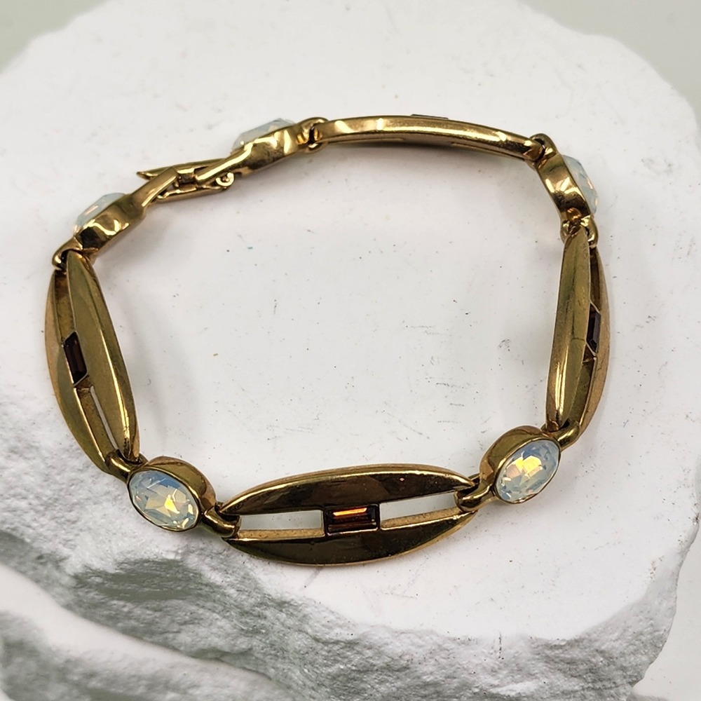 Gold Tone Opalescent Crystal Link Bracelet Brown Baguette Art Deco Statement